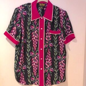 Bob Mackie Black Floral Short Sleeve Button-Up Blouse with Hot Pink Trim M